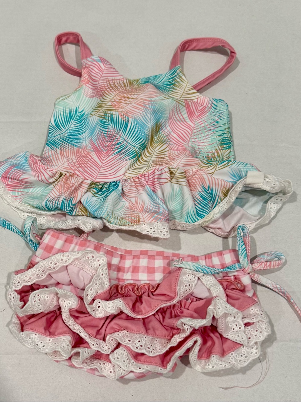 Girls Pink Tropical Print Ruffle Bikini Set